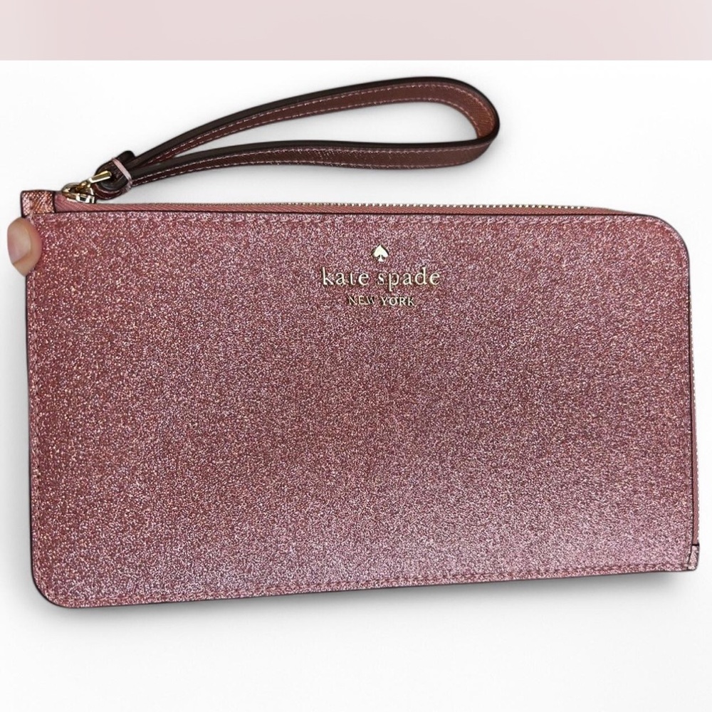 Kate Spade New York Pink Lucy Glitter L-Zip Wristlet Preppy Luxury